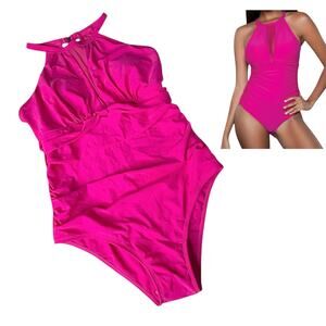 NEW BeWicked Mesh Inset SWIMSUIT Women's LG Fuschia Pink Mesh High Neck Briella